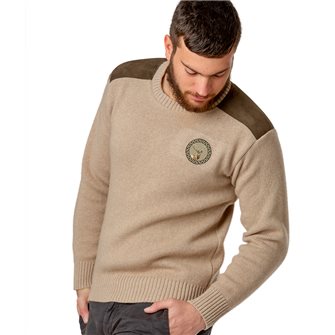 Pull col rond chasse homme jersey 30% laine beige 3XL Bartavel P60 patch cerf